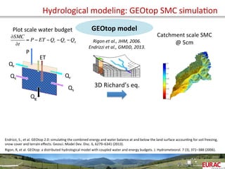 Hydrological	
  modeling:	
  GEOtop	
  SMC	
  simulaOon	
  
GEOtop	
  model	
  
Rigon	
  et	
  al.,	
  JHM,	
  2006.	
  
Endrizzi	
  et	
  al.,	
  GMDD,	
  2013.	
  
∂SMC
∂t
= P − ET −Qr −Qs −Qg
ET	
  
Qr	
  
Qr	
  Qs	
  
Qs	
  
Qg	
  
P	
  
Plot	
  scale	
  water	
  budget	
  
Catchment	
  scale	
  SMC	
  
@	
  5cm	
  	
  
3D	
  Richard’s	
  eq.	
  
Endrizzi,	
  S.,	
  et	
  al.	
  GEOtop	
  2.0:	
  simulaOng	
  the	
  combined	
  energy	
  and	
  water	
  balance	
  at	
  and	
  below	
  the	
  land	
  surface	
  accounOng	
  for	
  soil	
  freezing,	
  
snow	
  cover	
  and	
  terrain	
  eﬀects.	
  Geosci.	
  Model	
  Dev.	
  Disc.	
  6,	
  6279–6341	
  (2013).	
  
Rigon,	
  R,	
  et	
  al.	
  GEOtop:	
  a	
  distributed	
  hydrological	
  model	
  with	
  coupled	
  water	
  and	
  energy	
  budgets.	
  J.	
  Hydrometeorol.	
  7	
  (3),	
  371–388	
  (2006).	
  	
  
 
