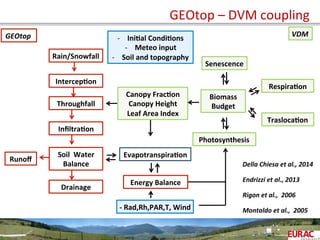 GEOtop	
  –	
  DVM	
  coupling	
  
GEOtop	
   VDM	
  
-­‐	
  Rad,Rh,PAR,T,	
  Wind	
  
-­‐  Ini=al	
  Condi=ons	
  
-­‐  Meteo	
  input	
  
-­‐  Soil	
  and	
  topography	
  	
  
Montaldo	
  et	
  al.,	
  	
  2005	
  
Endrizzi	
  et	
  al.,	
  2013	
  
Canopy	
  Frac=on	
  
Canopy	
  Height	
  
Leaf	
  Area	
  Index	
  
Senescence	
  
Respira=on	
  
Trasloca=on	
  
Biomass	
  	
  
Budget	
  
Photosynthesis	
  
Evapotranspira=on	
  
Intercep=on	
  
Energy	
  Balance	
  
Throughfall	
  
Inﬁltra=on	
  
Soil	
  	
  Water	
  	
  
Balance	
  
Runoﬀ	
  
Drainage	
  
Rain/Snowfall	
  
Rigon	
  et	
  al.,	
  	
  2006	
  
Della	
  Chiesa	
  et	
  al.,	
  2014	
  
 