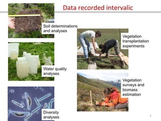 Data	
  recorded	
  intervalic	
  
8	
  
Soil determinations
and analyses
Water quality
analyses
Vegetation
transplantation
experiments
Vegetation
surveys and
biomass
estimation
Diversity
analyses
 
