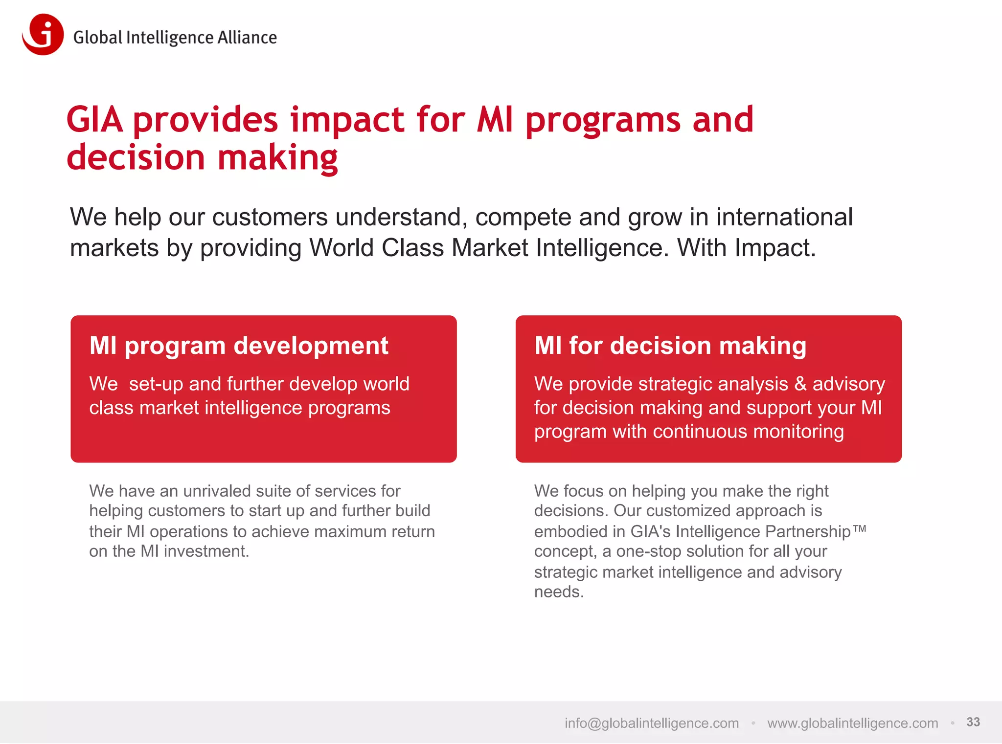 GIA provides impact for MI programs and
decision making
We help our customers understand, compete and grow in international
markets by providing World Class Market Intelligence. With Impact.

MI program development

MI for decision making

We set-up and further develop world
class market intelligence programs

We provide strategic analysis & advisory
for decision making and support your MI
program with continuous monitoring

We have an unrivaled suite of services for
helping customers to start up and further build
their MI operations to achieve maximum return
on the MI investment.

We focus on helping you make the right
decisions. Our customized approach is
embodied in GIA's Intelligence Partnership™
concept, a one-stop solution for all your
strategic market intelligence and advisory
needs.

info@globalintelligence.com • www.globalintelligence.com • 33

 