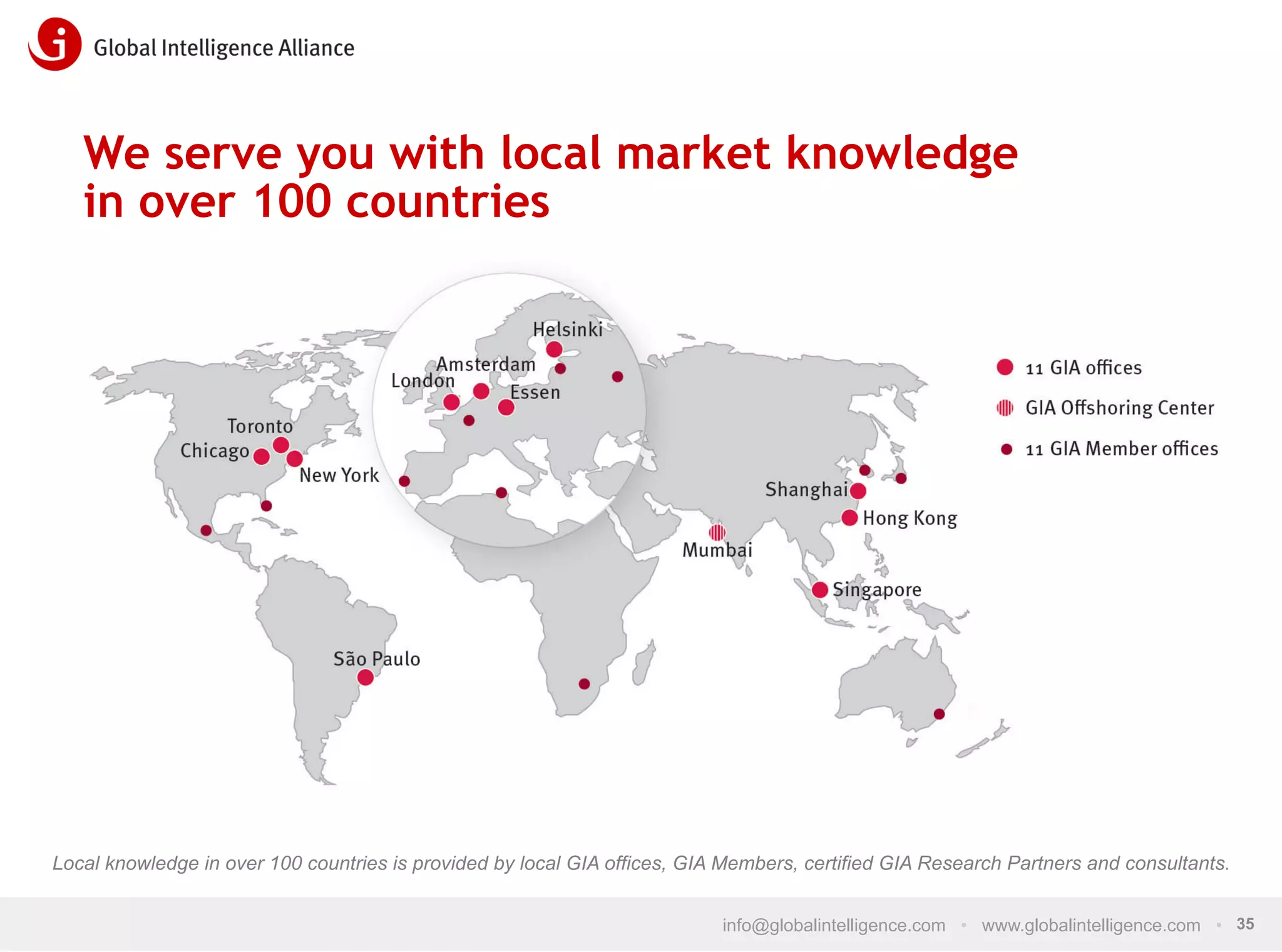 We serve you with local market knowledge
in over 100 countries

Local knowledge in over 100 countries is provided by local GIA offices, GIA Members, certified GIA Research Partners and consultants.
info@globalintelligence.com • www.globalintelligence.com • 35

 