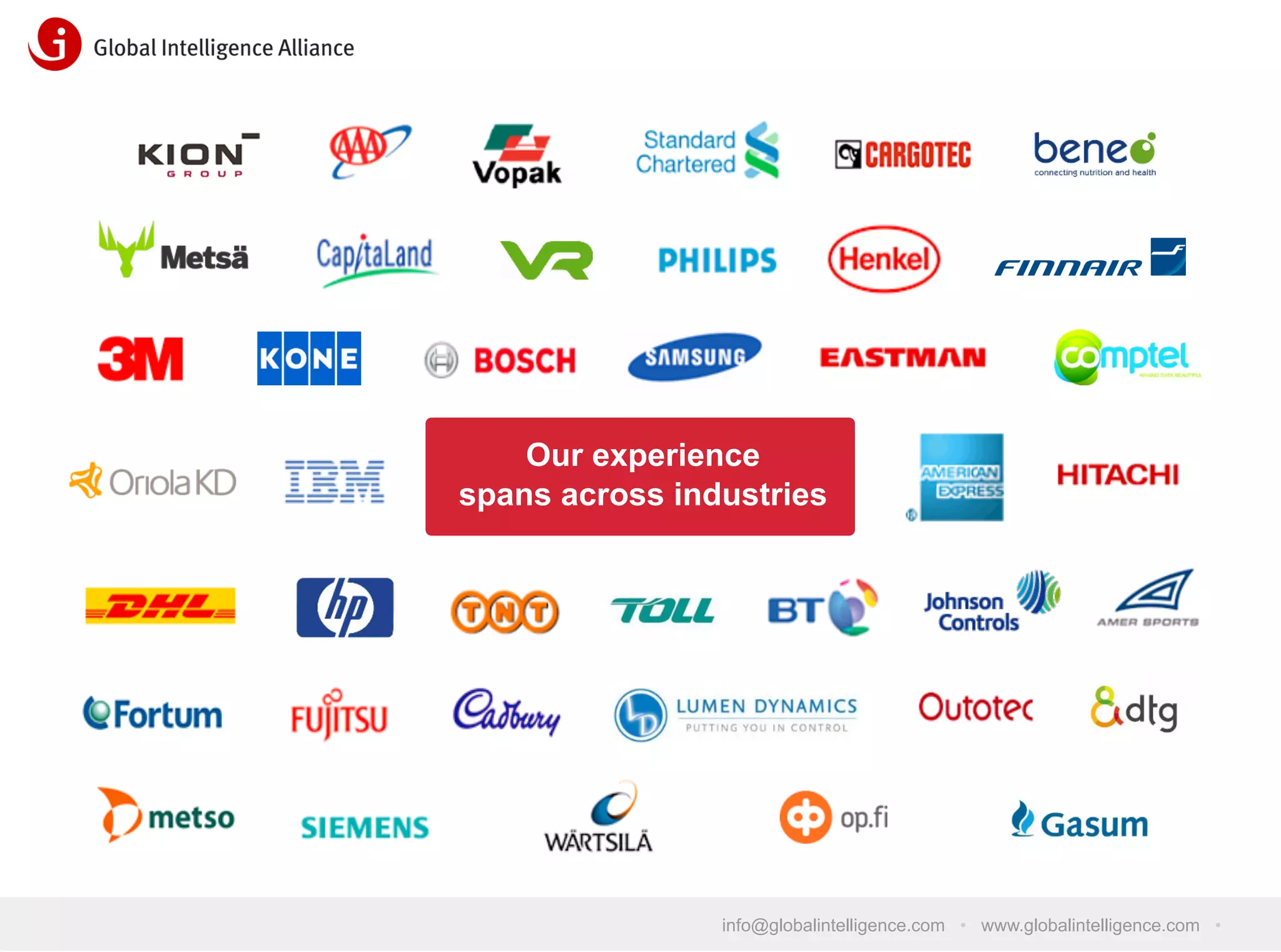 Our experience
spans across industries

info@globalintelligence.com • www.globalintelligence.com •

 