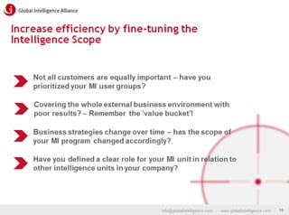 Increase efficiency by fine-tuning the
Intelligence Scope

Not all customers are equally important – have you
prioritized your MI user groups?
Covering the whole external business environment with
poor results? – Remember the ’value bucket’!
Business strategies change over time – has the scope of
your MI program changed accordingly?
Have you defined a clear role for your MI unit in relation to
other intelligence units in your company?

info@globalintelligence.com • www.globalintelligence.com • 18

 