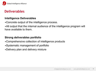 Deliverables
Intelligence Deliverables
• Concrete output of the intelligence process.
• All output that the internal audience of the intelligence program will
have available to them.
Strong deliverables portfolio
• Comprehensive collection of intelligence products
• Systematic management of portfolio
• Delivery plan and delivery mixture

info@globalintelligence.com • www.globalintelligence.com • 19

 