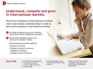 Understand, compete and grow
in international markets
We serve companies whose decision-makers
need solid market understanding in order to
grow and compete in international markets.
1

We help companies set up and develop
world class market intelligence programs

2

We provide strategic analysis and
advisory for decision making
Our services cover the need for:
• Market monitoring
• Strategic analysis & advisory
• Intelligence software
• Intelligence Best Practices

About GIA

•
•
•
•

150 professional employees
11 international offices
11 GIA member locations
Founded 1995

• Local knowledge in over
100 markets through local
experts

• More than 100 international
companies work with us in
a continuous Intelligence
Partnership

info@globalintelligence.com • www.globalintelligence.com • 31

 