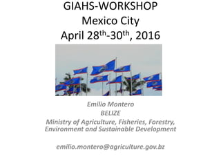 GIAHS-WORKSHOP
Mexico City
April 28th-30th, 2016
Emilio Montero
BELIZE
Ministry of Agriculture, Fisheries, Forestry,
Environment and Sustainable Development
emilio.montero@agriculture.gov.bz
 