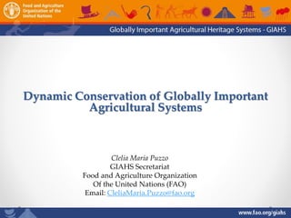 Dynamic Conservation of Globally Important
Agricultural Systems
Clelia Maria Puzzo
GIAHS Secretariat
Food and Agriculture Organization
Of the United Nations (FAO)
Email: CleliaMaria.Puzzo@fao.org
 