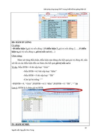 Giải pháp ứng dụng CNTT trong thiết kế bài giảng đi ện t ử

III- HÀM IF LỒNG
Cú pháp:
=IF(điều kiện 1,giá trị nếu đúng 1,IF(điều kiện 2 ,giá trị nếu đúng 2, …,IF(điều
kiện n,giá trị nếu đúng n, giá trị nếu sai n))…)
Chức năng:
Hàm xét từng điều kiện, điều kiện nào đúng cho kết quả giá trị đúng đó, nếu
xét tất cả các điều kiện đều sai hàm cho kết quả giá trị nếu sai n
Ví dụ. -Nếu ĐTB>=8 thì xếp loại ‘‘Giỏi’’
-Nếu ĐTB>=6.5 thì xếp loại ‘‘Khá’’
-Nếu ĐTB>=5 thì xếp loại ‘‘TB’’
-Còn lại bỏ trống ‘‘’’
=IF(ĐTB>=8, ‘‘Giỏi’’,IF(ĐTB>=6.5,‘‘Khá’’,IF(ĐTB>=5,‘‘TB’’, ‘‘’’)))
Lưu ý: ĐTB là ô chứa giá trị ĐTB.

IV- HÀM SUMIF.
Người viết: Nguyễn Nho Tráng

10

 