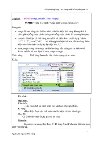 Giải pháp ứng dụng CNTT trong thiết kế bài giảng đi ện t ử

Cú pháp.

SUMIF(range, criteria, [sum_range])
SUMIF(<vùng ô so sánh>,“điều kiện”,[vùng ô tính tổng])

Trong đó:


range: là một vùng các ô để so sánh với điều kiện tính tổng, không tính ô
chứa giá trị rỗng hoặc chuỗi (nếu gặp ô rỗng hoặc chuỗi thì tự động bỏ qua)



criteria: điều kiện để tính tổng, có thể là số, biểu thức, chuỗi tùy ý. Ví dụ:
“>2”, 2, “2”, “nam”,”nữ”, … Và không phân biệt chữ hoa, chữ thường. Điều
kiện này chấp nhận các ký tự dại diện như *, ?



sum_range: vùng các ô thực sự để tính tổng, nếu không có thì Microsoft
Excel tự hiểu và mặt định là sum_range = range.

Chức năng.

Tính tổng thoả mãn tiêu chuẩn trong cột so sánh.

Ví dụ.

Kịch bản.
Mục tiêu:
Kiến thức:
-Hiểu mục đích và cách nhập một vài hàm lôgíc phổ biến.
Kĩ năng
-Thực hiện được các tính toán có điều kiện với các hàm logic.
Thái độ:
-Có ý thức học tập tốt, tự giác và an toàn.
Yêu cầu:
Lập được các công thức hàm IF, IF lồng, SumIF cho các bài toán đơn
giản và phức tạp.
Người viết: Nguyễn Nho Tráng

11

 
