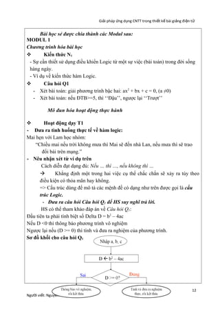 Giải pháp ứng dụng CNTT trong thiết kế bài giảng đi ện t ử

Bài học sẻ được chia thành các Modul sau:
MODUL 1
Chương trình hóa bài học

Kiến thức N1
- Sự cần thiết sử dụng điều khiển Logic từ một sự việc (bài toán) trong đời sống
hàng ngày.
- Ví dụ về kiến thức hàm Logic.

Câu hỏi Q1
- Xét bài toán: giải phương trình bậc hai: ax2 + bx + c = 0, (a ≠0)
- Xét bài toán: nếu ĐTB>=5, thì ‘‘Đậu’’, ngược lại ‘‘Trượt’’
Mô đun hóa hoạt động thực hành

Hoạt động dạy T1
- Đưa ra tình huống thực tế về hàm logic:
Mai hẹn với Lam học nhóm:
“Chiều mai nếu trời không mưa thì Mai sẽ đến nhà Lan, nếu mưa thì sẽ trao
đổi bài trên mạng.”
- Nêu nhận xét từ ví dụ trên
Cách diễn đạt dạng đủ: Nếu … thì …, nếu không thì …

Khẳng định một trong hai việc cụ thể chắc chắn sẽ xảy ra tùy theo
điều kiện có thỏa mãn hay không.
=> Cấu trúc dùng để mô tả các mệnh đề có dạng như trên được gọi là cấu
trúc Logic.
- Đưa ra câu hỏi Câu hỏi Q1 để HS suy nghĩ trả lời.
HS có thể tham khảo đáp án về Câu hỏi Q1:
Đầu tiên ta phải tính biệt số Delta D = b2 – 4ac
Nếu D <0 thì thông báo phương trình vô nghiệm
Ngược lại nếu (D >= 0) thì tính và đưa ra nghiệm của phương trình.
Sơ đồ khối cho câu hỏi Q1

Người viết: Nguyễn Nho Tráng

12

 