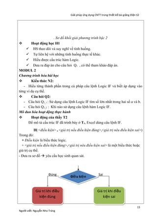 Giải pháp ứng dụng CNTT trong thiết kế bài giảng đi ện t ử

. Sơ đồ khối giải phương trình bậc 2

Hoạt động học H1
 HS theo dõi và suy nghĩ về tình huống.
 Tự liên hệ với những tình huống thực tế khác.
 Hiểu được cấu trúc hàm Logic.
 Đưa ra đáp án cho câu hỏi Q1 , có thể tham khảo đáp án.
MODUL 2
Chương trình hóa bài học

Kiến thức N2:
- Hiểu từng thành phần trong cú pháp câu lệnh Logic IF và biết áp dụng vào
từng ví dụ cụ thể.

Câu hỏi Q2:
- Câu hỏi Q2_1 : Sử dụng câu lệnh Logic IF tìm số lớn nhất trong hai số a và b.
- Câu hỏi Q2_2 : Khi nào sử dụng câu lệnh hàm Logic IF.
Mô đun hóa hoạt động thực hành

Hoạt động của thầy T2
Để mô tả cấu trúc IF đã trình bày ở T1, Excel dùng câu lệnh IF.
If( <điều kiện> , <giá trị nếu điều kiện đúng>,<giá trị nêu điểu kiện sai>)
Trong đó:
+ Điều kiện là biểu thức logic.
+ <giá trị nếu điều kiện đúng>,<giá trị nêu điều kiện sai> là một biểu thức hoặc
giá trị cụ thể.
- Đưa ra sơ đồ  yêu cầu học sinh quan sát.

Đúng

Giá trị khi điều
kiện đúng
Người viết: Nguyễn Nho Tráng

Điề u kiệ n

Sai

Giá trị khi điều
kiện sai
13

 