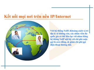 Kết nối mọi nơi trên nền IP/Internet
Với hệ thống VoIP, Khoảng cách vị trí
địa lý sẽ không còn, các nhân viên đa
quốc gia có thể liên lạc với nhau bằng
hệ thống VoIP nội bộ với chi phí cuộc
gọi là zero đồng, & giảm chi phí gọi
điện thoại đường dài.
 