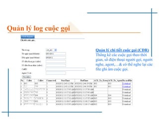 Quản lý log cuộc gọi
Quản lý chi tiết cuộc gọi (CDR)
Thống kê các cuộc gọi theo thời
gian, số điện thoại người gọi, người
nghe, agent,…& có thể nghe lại các
file ghi âm cuộc gọi.
 