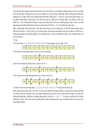 Cấu trúc dữ liệu và giải thuật                                                               105


Vậy thì tại bước phân đoạn dãy khoá từ k[1] tới k[n], ta có thể đưa những khoá có bit cao nhất
là 0 về đầu dãy, những khoá có bit cao nhất là 1 về cuối dãy. Dễ thấy rằng những khoá bắt đầu
bằng bit 0 sẽ phải nhỏ hơn những khoá bắt đầu bằng bit 1. Tiếp tục quá trình phân đoạn với
hai đoạn dãy khoá: Đoạn gồm các khoá có bit cao nhất là 0 và đoạn gồm các khoá có bit cao
nhất là 1. Với những khoá thuộc cùng một đoạn thì có bit cao nhất giống nhau, nên ta có thể
áp dụng quá trình phân đoạn tương tự trên theo bit thứ z - 2 và cứ tiếp tục như vậy …
Quá trình phân đoạn kết thúc nếu như đoạn đang xét là rỗng hay ta đã tiến hành phân đoạn
đến tận bit đơn vị, tức là tất cả các khoá thuộc một trong hai đoạn mới tạo ra đều có bit đơn vị
bằng nhau (điều này đồng nghĩa với sự bằng nhau ở tất cả những bit khác, tức là bằng nhau về
giá trị khoá).
Ví dụ:
Xét dãy khoá: 1, 3, 7, 6, 5, 2, 3, 4, 4, 5, 6, 7. Tương ứng với các dãy 3 bit:

                001     011      111   110   101   010   011   100   100   101   110   111


Trước hết ta chia đoạn dựa vào bit 2 (bit cao nhất):


                001     011      011   010   101   110   111   100   100   101   110   111



Sau đó chia tiếp hai đoạn tạo ra dựa vào bit 1:


                001     011      011   010   101   101   100   100   111   110   110   111



Cuối cùng, chia tiếp những đoạn tạo ra dựa vào bit 0:


                001     010      011   011   100   100   101   101   110   110   111   111




Ta được dãy khoá tương ứng: 1, 2, 3, 3, 4, 4, 5, 5, 6, 6, 7, 7 là dãy khoá sắp xếp.
Quá trình chia đoạn dựa vào bit b có thể chia thành một đoạn rỗng và một đoạn gồm toàn bộ
các khoá còn lại, nhưng việc chia đoạn không bao giờ bị rơi vào quá trình đệ quy vô hạn bởi
những lần đệ quy tiếp theo sẽ phân đoạn dựa vào bit b - 1, b - 2 …và nếu xét đến bit 0 sẽ phải
dừng lại. Công việc còn lại là cố gắng hiểu đoạn chương trình sau và phân tích xem tại sao nó
hoạt động đúng:




Lê Minh Hoàng
 