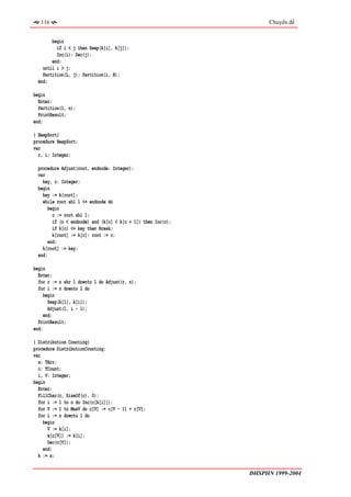 116                                                              Chuyên đề


       begin
         if i < j then Swap(k[i], k[j]);
         Inc(i); Dec(j);
       end;
   until i > j;
   Partition(L, j); Partition(i, H);
 end;

begin
  Enter;
  Partition(1, n);
  PrintResult;
end;

{ HeapSort}
procedure HeapSort;
var
  r, i: Integer;

 procedure Adjust(root, endnode: Integer);
 var
   key, c: Integer;
 begin
   key := k[root];
   while root shl 1 <= endnode do
      begin
        c := root shl 1;
        if (c < endnode) and (k[c] < k[c + 1]) then Inc(c);
        if k[c] <= key then Break;
        k[root] := k[c]; root := c;
      end;
   k[root] := key;
 end;

begin
  Enter;
  for r := n shr 1 downto 1 do Adjust(r, n);
  for i := n downto 2 do
     begin
       Swap(k[1], k[i]);
       Adjust(1, i - 1);
     end;
  PrintResult;
end;

{ Distribution Counting}
procedure DistributionCounting;
var
  x: TArr;
  c: TCount;
  i, V: Integer;
begin
  Enter;
  FillChar(c, SizeOf(c), 0);
  for i := 1 to n do Inc(c[k[i]]);
  for V := 1 to MaxV do c[V] := c[V - 1] + c[V];
  for i := n downto 1 do
    begin
      V := k[i];
      x[c[V]] := k[i];
      Dec(c[V]);
    end;
  k := x;


                                                              ĐHSPHN 1999-2004
 