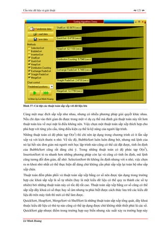 Cấu trúc dữ liệu và giải thuật                                                        121




Hình 37: Cài đặt các thuật toán sắp xếp với dữ liệu lớn


Cùng một mục đích sắp xếp như nhau, nhưng có nhiều phương pháp giải quyết khác nhau.
Nếu chỉ dựa vào thời gian đo được trong một ví dụ cụ thể mà đánh giá thuật toán này tốt hơn
thuật toán kia về mọi mặt là điều không nên. Việc chọn một thuật toán sắp xếp thích hợp cho
phù hợp với từng yêu cầu, từng điều kiện cụ thể là kỹ năng của người lập trình.
Những thuật toán có độ phức tạp O(n2) thì chỉ nên áp dụng trong chương trình có ít lần sắp
xếp và với kích thước n nhỏ. Về tốc độ, BubbleSort luôn luôn đứng bét, nhưng mã lệnh của
nó lại hết sức đơn giản mà người mới học lập trình nào cũng có thể cài đặt được, tính ổn định
của BubbleSort cũng rất đáng chú ý. Trong những thuật toán có độ phức tạp O(n2),
InsertionSort tỏ ra nhanh hơn những phương pháp còn lại và cũng có tính ổn định, mã lệnh
cũng tương đối đơn giản, dễ nhớ. SelectionSort thì không ổn định nhưng với n nhỏ, việc chọn
ra m khoá nhỏ nhất có thể thực hiện dễ dàng chứ không cần phải sắp xếp lại toàn bộ như sắp
xếp chèn.
Thuật toán đếm phân phối và thuật toán sắp xếp bằng cơ số nên được tận dụng trong trường
hợp các khoá sắp xếp là số tự nhiên (hay là một kiểu dữ liệu có thể quy ra thành các số tự
nhiên) bởi những thuật toán này có tốc độ rất cao. Thuật toán sắp xếp bằng cơ số cũng có thể
sắp xếp dãy khoá có số thực hay số âm nhưng ta phải biết được cách thức lưu trữ các kiểu dữ
liệu đó trên máy tính thì mới có thể làm được.
QuickSort, HeapSort, MergeSort và ShellSort là những thuật toán sắp xếp tổng quát, dãy khoá
thuộc kiểu dữ liệu có thứ tự nào cũng có thể áp dụng được chứ không nhất thiết phải là các số.
QuickSort gặp nhược điểm trong trường hợp suy biến nhưng xác suất xảy ra trường hợp này


Lê Minh Hoàng
 