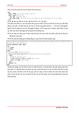 132                                                                                              Chuyên đề


Giả sử cấu trúc một nút của cây được mô tả như sau:
type
  PNode = ^TNode; {Con trỏ chứa liên kết tới một nút}
  TNode = record {Cấu trúc nút}
     Info: TKey; {Trường chứa khoá}
    Left, Right: PNode; {con trỏ tới nút con trái và phải, trỏ tới nil nếu không có nút con trái (phải)}
  end;
Gốc của cây được lưu trong con trỏ Root. Ban đầu nút Root = nil (cây rỗng)
Với khoá tìm kiếm X, việc tìm kiếm trên cây tìm kiếm số học có thể mô tả như sau: Ban đầu
đứng ở nút gốc, xét lần lượt các bit của X từ trái sang phải (từ bit z - 1 tới bit 0), hễ gặp bit
bằng 0 thì rẽ sang nút con trái, nếu gặp bit bằng 1 thì rẽ sang nút con phải. Quá trình cứ tiếp
tục như vậy cho tới khi gặp một trong hai tình huống sau:
   Đi tới một nút rỗng (do rẽ theo một liên kết nil), quá trình tìm kiếm thất bại do khoá X
   không có trong cây.
   Đi tới một nút mang giá trị đúng bằng X, quá trình tìm kiếm thành công
{Hàm tìm kiếm trên cây tìm kiếm số học, nó trả về nút chứa khoá tìm kiếm X nếu tìm thấy, trả về nil nếu không tìm thấy. z
là độ dài dãy bit biểu diễn một khoá}
function DSTSearch(X: TKey): PNode;
var
  b: Integer;
  p: PNode;
begin
  b := z; p := Root; {Bắt đầu với nút gốc}
  while (p ≠ nil) and (p^.Info ≠ X) do {Chưa gặp phải một trong 2 tình huống trên}
     begin
       b := b - 1; {Xét bit b của X}
       if <Bit b của X là 0> then p := p^.Left {Gặp 0 rẽ trái}
       else p := p^.Right; {Gặp 1 rẽ phải}
     end;
  DSTSearch := p;
end;
Thuật toán dựng cây tìm kiếm số học từ dãy khoá k[1..n] cũng được làm gần giống quá trình
tìm kiếm. Ta chèn lần lượt các khoá vào cây, trước khi chèn, ta tìm xem khoá đó đã có trong
cây hay chưa, nếu đã có rồi thì bỏ qua, nếu nó chưa có thì ta thêm nút mới chứa khoá cần
chèn và nối nút đó vào cây tìm kiếm số học tại mối nối rỗng vừa rẽ sang khiến quá trình tìm
kiếm thất bại




                                                                                            ĐHSPHN 1999-2004
 