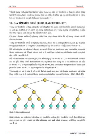 134                                                                                                         Chuyên đề


Về mặt trung bình, các thao tác tìm kiếm, chèn, xoá trên cây tìm kiếm số học đều có độ phức
tạp là O(min(z, lgn)) còn trong trường hợp xấu nhất, độ phức tạp của các thao tác đó là O(z),
bởi cây tìm kiếm số học có chiều cao không quá z + 1.

9.8. CÂY TÌM KIẾM CƠ SỐ (RADIX SEARCH TREE - RST)
Trong cây tìm kiếm số học, cũng như cây nhị phân tìm kiếm, phép tìm kiếm tại mỗi bước phải
so sánh giá trị khoá X với giá trị lưu trong một nút của cây. Trong trường hợp các khoá có cấu
trúc lớn, việc so sánh này có thể mất nhiều thời gian.
Cây tìm kiếm cơ số là một phương pháp khắc phục nhược điểm đó, nội dung của nó có thể
tóm tắt như sau:
Trong cây tìm kiếm cơ số là một cây nhị phân, chỉ có nút lá chứa giá trị khoá, còn giá trị chứa
trong các nút nhánh là vô nghĩa. Các nút lá của cây tìm kiếm cơ số đều nằm ở mức z + 1.
Đối với nút gốc của cây tìm kiếm cơ số, nó có tối đa hai nhánh con, mọi khoá chứa trong nút
lá của nhánh con trái đều có bit cao nhất là 0, mọi khoá chứa trong nút lá của nhánh con phải
đều có bit cao nhất là 1.
Đối với hai nhánh con của nút gốc, vấn đề tương tự với bit thứ z - 2, ví dụ với nhánh con trái
của nút gốc, nó lại có tối đa hai nhánh con, mọi khoá chứa trong nút lá của nhánh con trái đều
có bit thứ z - 2 là 0 (chúng bắt đầu bằng hai bit 00), mọi khoá chứa trong nút lá của nhánh con
phải đều có bit thứ z - 2 là 1 (chúng bắt đầu bằng hai bit 01)…
Tổng quát với nút ở mức d, nó có tối đa hai nhánh con, mọi nút lá của nhánh con trái chứa
khoá có bit z - d là 0, mọi nút lá của nhánh con phải chứa khoá có bit thứ z - d là 1 (Hình 45).



                                             0                        1



                    0            1                                                   0              1




                1                    0           1                    0              1                           0




            0                0       1               1            0              0       1                0

        2                4               5               7    8            10                11      12

    0010                0100         0101            0111    1000         1010           1011       1100

Hình 45: Cây tìm kiếm cơ số


Khác với cây nhị phân tìm kiếm hay cây tìm kiếm số học. Cây tìm kiếm cơ số được khởi tạo
gồm có một nút gốc, và nút gốc tồn tại trong suốt quá trình sử dụng: nó không bao giờ bị
xoá đi cả.




                                                                                                  ĐHSPHN 1999-2004
 