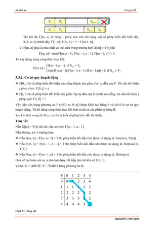 160                                                                                       Chuyên đề



                           X1       X2           ……            Xm-1        Xm

                           Y1       Y2         ……            Yn-1     Yn

        Thì khi đó F[m, n] sẽ bằng 1 phép xoá vừa rồi cộng với số phép biến đổi biến dãy
        X[1..m-1] thành dãy Y[1..n]: F[m, n] = 1 + F[m-1, n]
   Vì F[m, n] phải là nhỏ nhất có thể, nên trong trường hợp X[m] ≠ Y[n] thì
                    F[m, n] = min(F[m, n - 1], F[m - 1, n - 1], F[m - 1, n]) + 1.
Ta xây dựng xong công thức truy hồi:
                         ⎧F[m − 1, n − 1], if X m = Yn
               F[m, n] = ⎨
                         ⎩min(F[m, n − 1], F[m − 1, n − 1], F[m − 1, n]) + 1, if X m ≠ Yn
3.3.2. Cơ sở quy hoạch động
   F[0, j] là số phép biến đổi biến xâu rỗng thành xâu gồm j ký tự đầu của F. Nó cần tối thiểu
   j phép chèn: F[0, j] = j
   F[i, 0] là số phép biến đổi biến xâu gồm i ký tự đầu của S thành xâu rỗng, nó cần tối thiểu i
   phép xoá: F[i, 0] = i
Vậy đầu tiên bảng phương án F (cỡ[0..m, 0..n]) được khởi tạo hàng 0 và cột 0 là cơ sở quy
hoạch động. Từ đó dùng công thức truy hồi tính ra tất cả các phần tử bảng B.
Sau khi tính xong thì F[m, n] cho ta biết số phép biến đổi tối thiểu.
Truy vết:
Nếu X[m] = Y[n] thì chỉ việc xét tiếp F[m - 1, n - 1].
Nếu không, xét 3 trường hợp:
   Nếu F[m, n] = F[m, n - 1] + 1 thì phép biến đổi đầu tiên được sử dụng là: Insert(m, Y[n])
   Nếu F[m, n] = F[m - 1, n - 1] + 1 thì phép biến đổi đầu tiên được sử dụng là: Replace(m,
   Y[n])
   Nếu F[m, n] = F[m - 1, n] + 1 thì phép biến đổi đầu tiên được sử dụng là: Delete(m)
Đưa về bài toán với m, n nhỏ hơn truy vết tiếp cho tới khi về F[0, 0]
Ví dụ: X =' ABCD'; Y = 'EABD' bảng phương án là:

                                      F 0 1 2 3 4
                                      0   0    1    2    3    4
                                      1   1    1    1    2    3
                                      2   2    2    2    1    2
                                      3   3    3    3    2    2
                                      4   4    4    4    3    2
Hình 51: Truy vết

                                                                                    ĐHSPHN 1999-2004
 