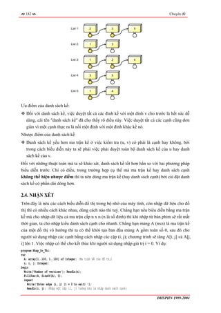 182                                                                               Chuyên đề


                                 List 1:      2              3             5




                                 List 2:      1              3




                                 List 3:      1              2             4




                                 List 4:      3              5




                                 List 5:      1              4




Ưu điểm của danh sách kề:
   Đối với danh sách kề, việc duyệt tất cả các đỉnh kề với một đỉnh v cho trước là hết sức dễ
   dàng, cái tên "danh sách kề" đã cho thấy rõ điều này. Việc duyệt tất cả các cạnh cũng đơn
   giản vì một cạnh thực ra là nối một đỉnh với một đỉnh khác kề nó.
Nhược điểm của danh sách kề
   Danh sách kề yếu hơn ma trận kề ở việc kiểm tra (u, v) có phải là cạnh hay không, bởi
   trong cách biểu diễn này ta sẽ phải việc phải duyệt toàn bộ danh sách kề của u hay danh
   sách kề của v.
Đối với những thuật toán mà ta sẽ khảo sát, danh sách kề tốt hơn hẳn so với hai phương pháp
biểu diễn trước. Chỉ có điều, trong trường hợp cụ thể mà ma trận kề hay danh sách cạnh
không thể hiện nhược điểm thì ta nên dùng ma trận kề (hay danh sách cạnh) bởi cài đặt danh
sách kề có phần dài dòng hơn.

2.4. NHẬN XÉT
Trên đây là nêu các cách biểu diễn đồ thị trong bộ nhớ của máy tính, còn nhập dữ liệu cho đồ
thị thì có nhiều cách khác nhau, dùng cách nào thì tuỳ. Chẳng hạn nếu biểu diễn bằng ma trận
kề mà cho nhập dữ liệu cả ma trận cấp n x n (n là số đỉnh) thì khi nhập từ bàn phím sẽ rất mất
thời gian, ta cho nhập kiểu danh sách cạnh cho nhanh. Chẳng hạn mảng A (nxn) là ma trận kề
của một đồ thị vô hướng thì ta có thể khởi tạo ban đầu mảng A gồm toàn số 0, sau đó cho
người sử dụng nhập các cạnh bằng cách nhập các cặp (i, j); chương trình sẽ tăng A[i, j] và A[j,
i] lên 1. Việc nhập có thể cho kết thúc khi người sử dụng nhập giá trị i = 0. Ví dụ:
program Nhap_Do_Thi;
var
  A: array[1..100, 1..100] of Integer; {Ma trận kề của đồ thị}
  n, i, j: Integer;
begin
  Write('Number of vertices'); ReadLn(n);
  FillChar(A, SizeOf(A), 0);
  repeat
    Write('Enter edge (i, j) (i = 0 to exit) ');
    ReadLn(i, j); {Nhập một cặp (i, j) tưởng như là nhập danh sách cạnh}

                                                                               ĐHSPHN 1999-2004
 
