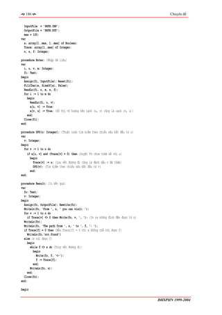 186                                                                                  Chuyên đề


  InputFile = 'PATH.INP';
  OutputFile = 'PATH.OUT';
  max = 100;
var
  a: array[1..max, 1..max] of Boolean;
  Trace: array[1..max] of Integer;
  n, s, f: Integer;

procedure Enter; {Nhập dữ liệu}
var
  i, u, v, m: Integer;
  fi: Text;
begin
  Assign(fi, InputFile); Reset(fi);
  FillChar(a, SizeOf(a), False);
  ReadLn(fi, n, m, s, f);
  for i := 1 to m do
     begin
       ReadLn(fi, u, v);
       a[u, v] := True;
       a[v, u] := True; {Đồ thị vô hướng nên cạnh (u, v) cũng là cạnh (v, u)}
     end;
  Close(fi);
end;

procedure DFS(u: Integer); {Thuật toán tìm kiếm theo chiều sâu bắt đầu từ u}
var
  v: Integer;
begin
  for v := 1 to n do
     if a[u, v] and (Trace[v] = 0) then {Duyệt ∀v chưa thăm kề với u}
       begin
         Trace[v] := u; {Lưu vết đường đi cũng là đánh dấu v đã thăm}
         DFS(v); {Tìm kiếm theo chiều sâu bắt đầu từ v}
       end;
end;

procedure Result; {In kết quả}
var
  fo: Text;
  v: Integer;
begin
  Assign(fo, OutputFile); Rewrite(fo);
  Writeln(fo, 'From ', s, ' you can visit: ');
  for v := 1 to n do
     if Trace[v] <> 0 then Write(fo, v, ', '); {In ra những đỉnh đến được từ s}
  WriteLn(fo);
  WriteLn(fo, 'The path from ', s, ' to ', f, ': ');
  if Trace[f] = 0 then {Nếu Trace[f] = 0 thì s không thể tới được f}
     WriteLn(fo,'not found')
  else {s tới được f}
     begin
       while f <> s do {Truy vết đường đi}
          begin
            Write(fo, f, '<-');
            f := Trace[f];
          end;
       WriteLn(fo, s);
     end;
  Close(fo);
end;

begin

                                                                                  ĐHSPHN 1999-2004
 