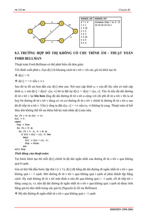 230                                                                                     Chuyên đề


                                                       MINPATH.INP   MINPATH.OUT
                          2
                                      2
                                          3
                                                       6714          Distance from 1 to 4: 15
                    1
                                              20       121           4<-5<-6<-3<-2<-1
                                                       1 6 20
               1                  3                4   232
                                                       363
                   20                          5       3 4 20
                          6               5            545
                                      4                654



8.3. TRƯỜNG HỢP ĐỒ THỊ KHÔNG CÓ CHU TRÌNH ÂM - THUẬT TOÁN
FORD BELLMAN
Thuật toán Ford-Bellman có thể phát biểu rất đơn giản:
Với đỉnh xuất phát s. Gọi d[v] là khoảng cách từ s tới v với các giá trị khởi tạo là:
   d[s] := 0
   d[v] := +∞ nếu v ≠ s
Sau đó ta tối ưu hoá dần các d[v] như sau: Xét mọi cặp đỉnh u, v của đồ thị, nếu có một cặp
đỉnh u, v mà d[v] > d[u]+ c[u, v] thì ta đặt lại d[v] := d[u] + c[u, v]. Tức là nếu độ dài đường
đi từ s tới v lại lớn hơn tổng độ dài đường đi từ s tới u cộng với chi phí đi từ u tới v thì ta sẽ
huỷ bỏ đường đi từ s tới v đang có và coi đường đi từ s tới v chính là đường đi từ s tới u sau
đó đi tiếp từ u tới v. Chú ý rằng ta đặt c[u, v] = +∞ nếu (u, v) không là cung. Thuật toán sẽ kết
thúc khi không thể tối ưu thêm bất kỳ một nhãn d[v] nào nữa.
for (∀v ∈ V) do d[v] := +∞;
d[s] := 0;
repeat
  Stop := True;
  for (∀u ∈ V) do
    for (∀v ∈ V: (u, v) ∈ E) do
      if d[v] > d[u] + c[u, v] then
        begin
          d[v] := d[u] + c[u, v];
          Stop := False;
        end;
until Stop;
Tính đúng của thuật toán:
Tại bước khởi tạo thì mỗi d[v] chính là độ dài ngắn nhất của đường đi từ s tới v qua không
quá 0 cạnh.
Giả sử khi bắt đầu bước lặp thứ i (i ≥ 1), d[v] đã bằng độ dài đường đi ngắn nhất từ s tới v qua
không quá i - 1 cạnh. Bởi đường đi từ s tới v qua không quá i cạnh sẽ phải thành lập bằng
cách: lấy một đường đi từ s tới một đỉnh u nào đó qua không quá i - 1 cạnh, rồi đi tiếp tới v
bằng cung (u, v), nên độ dài đường đi ngắn nhất từ s tới v qua không quá i cạnh sẽ được tính
bằng giá trị nhỏ nhất trong các giá trị (Nguyên lý tối ưu Bellman):
   Độ dài đường đi ngắn nhất từ s tới v qua không quá i - 1 cạnh




                                                                                   ĐHSPHN 1999-2004
 