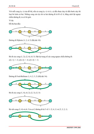 246                                                                               Chuyên đề


Với mỗi cung (u, v) của đồ thị, nếu cả cung (u, v) và (v, u) đều được duy trì đến bước này thì
loại bỏ luôn cả hai. Những cung còn lại chỉ ra hai đường đi từ B về A, bằng cách lật ngược
chiều đường đi, ta có lời giải.
Ví dụ:
Đồ thị ban đầu:
                       8


           3          5              8                  3
 1              2             3                4             5


                              4                    5

Đường đi Dijkstra 〈1, 2, 4, 5〉 (Độ dài 10):
                       8


           3          5              8                  3
 1              2             3                4             5


                              4                    5

Bỏ đi các cung (1, 2), (2, 4), (4, 5). Đặt lại trọng số các cung ngược chiều đường đi:
c[2, 1] := -3; c[4, 2] := -4; c[5, 4] := -3;
                       8


           -3         5              8                  -3
 1              2             3                4             5


                              -4                   5

Đường đi Ford-Bellman 〈1, 4, 2, 3, 5〉 (Độ dài 14):
                       8


           -3         5              8                  -3
 1              2             3                4             5


                              -4                   5

Bỏ đi các cung (1, 4), (4, 2), (2, 3), (3, 5):
                      8


           -3             5           8                -3
 1              2             3                4             5


                                                   5

Bỏ nốt cung (3, 4) và (4, 3) ta có 2 đường đi từ 5 về 1: 〈5, 4, 1〉 và 〈5, 3, 2, 1〉.


 1              2             3                4             5




                                                                                 ĐHSPHN 1999-2004
 