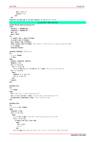 254                                                                                            Chuyên đề


           d[v] := c[u, v];
           Trace[v] := u;
         end;
  end;
〈Thông báo cây khung gồm có các cạnh (Trace[v], v) với ∀v ∈ V: v ≠ 1)〉;
                                          P_4_09_2.PAS * Thuật toán Prim
program Minimal_Spanning_Tree_by_Prim;
const
  InputFile = 'MINTREE.INP';
  OutputFile = 'MINTREE.OUT';
  max = 100;
  maxC = 10000;
var
  c: array[1..max, 1..max] of Integer;
  d: array[1..max] of Integer;
  Free: array[1..max] of Boolean;
  Trace: array[1..max] of Integer; {Vết, Trace[v] là đỉnh cha của v trong cây khung nhỏ nhất}
  n, m: Integer;
  Connected: Boolean;

procedure LoadGraph; {Nhập đồ thị}
var
  i, u, v: Integer;
  f: Text;
begin
  Assign(f, InputFile); Reset(f);
  ReadLn(f, n, m);
  for u := 1 to n do
     for v := 1 to n do
       if u = v then c[u, v] := 0 else c[u, v] := maxC; {Khởi tạo ma trận trọng số}
  for i := 1 to m do
     begin
       ReadLn(f, u, v, c[u, v]);
       c[v, u] := c[u, v];
     end;
  Close(f);
end;

procedure Init;
var
  v: Integer;
begin
  d[1] := 0; {Đỉnh 1 có nhãn khoảng cách là 0}
  for v := 2 to n do d[v] := maxC; {Các đỉnh khác có nhãn khoảng cách +∞}
  FillChar(Free, SizeOf(Free), True); {Cây T ban đầu là rỗng}
end;

procedure Prim;
var
  k, i, u, v, min: Integer;
begin
  Connected := True;
  for k := 1 to n do
    begin
      u := 0; min := maxC; {Chọn đỉnh u chưa bị kết nạp có d[u] nhỏ nhất}
      for i := 1 to n do
        if Free[i] and (d[i] < min) then
          begin
            min := d[i];
            u := i;
          end;
      if u = 0 then {Nếu không chọn được u nào có d[u] < +∞ thì đồ thị không liên thông}

                                                                                            ĐHSPHN 1999-2004
 