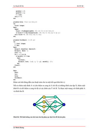 Lý thuyết đồ thị                                                                   285


     matchX[x] := f;
     matchY[f] := x;
     f := next;
  until f = 0;
end;

procedure Solve; {Thuật toán đường mở}
var
  finish: Integer;
begin
  repeat
     finish := FindAugmentingPath; {Đầu tiên thử tìm một đường mở}
     if finish <> 0 then Enlarge(finish); {Nếu thấy thì tăng cặp và lặp lại}
  until finish = 0; {Nếu không thấy thì dừng}
end;

procedure PrintResult; {In kết quả}
var
  i, Count: Integer;
  f: Text;
begin
  Assign(f, OutputFile); Rewrite(f);
  WriteLn(f, 'Match: ');
  Count := 0;
  for i := 1 to m do
     if matchX[i] <> 0 then
       begin
         Inc(Count);
         WriteLn(f, Count, ') x[', i, '] - y[', matchX[i], ']');
       end;
  Close(f);
end;

begin
  Enter;
  Init;
  Solve;
  PrintResult;
end.
Khảo sát tính đúng đắn của thuật toán cho ta một kết quả khá thú vị:
Nếu ta thêm một đỉnh A và cho thêm m cung từ A tới tất cả những đỉnh của tập X, thêm một
đỉnh B và nối thêm n cung từ tất cả các đỉnh của Y tới B. Ta được một mạng với đỉnh phát A
và đỉnh thu B.


                                                 1                 1


                                                 2                 2

                                 A                                             B
                                                 3                 3


                                                 4                 4

                                                 X                 Y

Hình 86: Mô hình luồng của bài toán tìm bộ ghép cực đại trên đồ thị hai phía




Lê Minh Hoàng
 