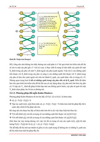 292                                                                                           Chuyên đề


            -2   1               1 +2                                           1                   1

                                        x* = x4, không thấy đường mở
                                        VisitedX = {x1, x2, x3, x4}
            -2   2               2 +2   VisitedY = {y1, y2, y3}                 2                   2
                     2=∆                Giá trị xoay ∆ = 2 (=c[3,4])                0
                                        Trừ trọng số những cạnh liên
            -2 3                 3 +2   thuộc với {x1, x2, x3, x4} đi 2         3                   3
                                        Cộng trọng số những cạnh
                                        liên thuộc với {y1, y2, y3} lên 2

            -2   4         8     4                                              4           6       4


                 1               1                                          1                   1



                 2               2      x* = x4, Tìm thấy đường mở          2                   2
                                        x4→y3→x3→y2→x1→y1→x2→y4.
                                        Tăng cặp
                 3               3      Xong                                3                   3



                 4         8     4                                          4           6       4


Hình 88: Thuật toán Hungari


Để ý rằng nếu như không tìm thấy đường mở xuất phát ở x* thì quá trình tìm kiếm trên đồ thị
sẽ cho ta một cây pha gốc x*. Giá trị xoay ∆ thực chất là trọng số nhỏ nhất của cạnh nối một
X_đỉnh trong cây pha với một Y_đỉnh ngoài cây pha (cạnh ngoài). Việc trừ ∆ vào những cạnh
liên thuộc với X_đỉnh trong cây pha và cộng ∆ vào những cạnh liên thuộc với Y_đỉnh trong
cây pha sẽ làm cho cạnh ngoài nói trên trở thành 0_cạnh, các cạnh khác vẫn có trọng số ≥ 0.
Nhưng quan trọng hơn là tất cả những cạnh trong cây pha vẫn cứ là 0_cạnh. Điều đó đảm
bảo cho quá trình tìm kiếm trên đồ thị lần sau sẽ xây dựng được cây pha mới lớn hơn cây pha
cũ. Vì tập các Y_ đỉnh đã ghép là hữu hạn nên sau không quá k bước, cây pha sẽ quét tới một
Y_đỉnh chưa ghép, tức là tìm ra đường mở
12.3.3. Phương pháp đối ngẫu Kuhn-Munkres
Phương pháp Kuhn-Munkres đi tìm hai dãy số Fx[1..k] và Fy[1..k] thoả mãn:
   c[i, j] - Fx[i] - Fy[j] ≥ 0
   Tập các cạnh (x[i], y[j]) thoả mãn c[i, j] - Fx[i] - Fy[j] = 0 chứa trọn một bộ ghép đầy đủ k
   cạnh, đây chính là bộ ghép cần tìm.
Rõ ràng nếu tìm được hai dãy số thoả mãn trên thì ta chỉ việc thực hiện hai thao tác:
   Với mỗi đỉnh x[i], trừ tất cả trọng số của những cạnh liên thuộc với x[i] đi Fx[i]
   Với mỗi đỉnh y[j], trừ tất cả trọng số của những cạnh liên thuộc với y[j] đi Fy[j]
(Hai thao tác này tương đương với việc trừ tất cả trọng số của các cạnh (x[i], y[j]) đi một
lượng Fx[i] + Fy[j] tức là c[i, j] := c[i, j] - Fx[i] - Fy[j])
Thì dễ thấy đồ thị mới tạo thành sẽ gồm có các cạnh trọng số không âm và những 0_cạnh của
đồ thị chứa trọn một bộ ghép đầy đủ.

                                                                                        ĐHSPHN 1999-2004
 