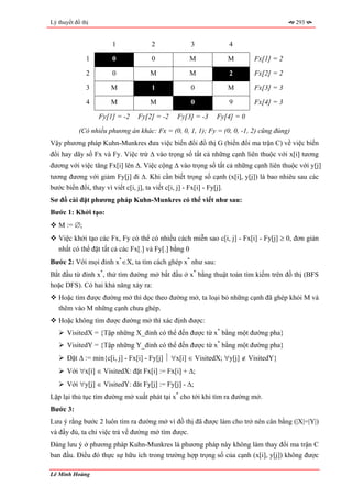 Lý thuyết đồ thị                                                                          293


                        1               2               3               4

               1        0               0              M                M     Fx[1] = 2

               2        0               M              M                2     Fx[2] = 2

               3        M               1               0               M     Fx[3] = 3

               4        M               M               0               9     Fx[4] = 3

                   Fy[1] = -2      Fy[2] = -2     Fy[3] = -3      Fy[4] = 0
            (Có nhiều phương án khác: Fx = (0, 0, 1, 1); Fy = (0, 0, -1, 2) cũng đúng)
Vậy phương pháp Kuhn-Munkres đưa việc biến đổi đồ thị G (biến đổi ma trận C) về việc biến
đổi hay dãy số Fx và Fy. Việc trừ ∆ vào trọng số tất cả những cạnh liên thuộc với x[i] tương
đương với việc tăng Fx[i] lên ∆. Việc cộng ∆ vào trọng số tất cả những cạnh liên thuộc với y[j]
tương đương với giảm Fy[j] đi ∆. Khi cần biết trọng số cạnh (x[i], y[j]) là bao nhiêu sau các
bước biến đổi, thay vì viết c[i, j], ta viết c[i, j] - Fx[i] - Fy[j].
Sơ đồ cài đặt phương pháp Kuhn-Munkres có thể viết như sau:
Bước 1: Khởi tạo:
   M := ∅;
   Việc khởi tạo các Fx, Fy có thể có nhiều cách miễn sao c[i, j] - Fx[i] - Fy[j] ≥ 0, đơn giản
   nhất có thể đặt tất cả các Fx[.] và Fy[.] bằng 0
Bước 2: Với mọi đỉnh x*∈X, ta tìm cách ghép x* như sau:
Bắt đầu từ đỉnh x*, thử tìm đường mở bắt đầu ở x* bằng thuật toán tìm kiếm trên đồ thị (BFS
hoặc DFS). Có hai khả năng xảy ra:
   Hoặc tìm được đường mở thì dọc theo đường mở, ta loại bỏ những cạnh đã ghép khỏi M và
   thêm vào M những cạnh chưa ghép.
   Hoặc không tìm được đường mở thì xác định được:
       VisitedX = {Tập những X_đỉnh có thể đến được từ x* bằng một đường pha}
       VisitedY = {Tập những Y_đỉnh có thể đến được từ x* bằng một đường pha}
       Đặt ∆ := min{c[i, j] - Fx[i] - Fy[j] ⏐ ∀x[i] ∈ VisitedX; ∀y[j] ∉ VisitedY}
       Với ∀x[i] ∈ VisitedX: đặt Fx[i] := Fx[i] + ∆;
       Với ∀y[j] ∈ VisitedY: đăt Fy[j] := Fy[j] - ∆;
Lặp lại thủ tục tìm đường mở xuất phát tại x* cho tới khi tìm ra đường mở.
Bước 3:
Lưu ý rằng bước 2 luôn tìm ra đường mở vì đồ thị đã được làm cho trở nên cân bằng (|X|=|Y|)
và đầy đủ, ta chỉ việc trả về đường mở tìm được.
Đáng lưu ý ở phương pháp Kuhn-Munkres là phương pháp này không làm thay đổi ma trận C
ban đầu. Điều đó thực sự hữu ích trong trường hợp trọng số của cạnh (x[i], y[j]) không được

Lê Minh Hoàng
 