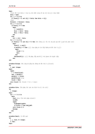 302                                                                                               Chuyên đề


begin
  {Trước hết tính Delta := Giá trị nhỏ nhất trong số các d[j] mà y[j] chưa thăm}
  Delta := maxC;
  for j := 1 to k do
    if (Trace[j] = 0) and (d[j] < Delta) then Delta := d[j];
  {Xoay}
  Fx[start] := Fx[start] + Delta;
  for j := 1 to k do
     if Trace[j] <> 0 then
       begin
          i := matchY[j];
          Fy[j] := Fy[j] - Delta;
          Fx[i] := Fx[i] + Delta;
       end
     else
       d[j] := d[j] - Delta;
  for j := 1 to k do
     if (Trace[j] = 0) and (d[j] = 0) then {Xét những y[j] nối với cây pha qua một 0_cạnh mới phát sinh}
       begin
         Trace[j] := arg[j];
         if matchY[j] = 0 then {y[j] chưa ghép ⇔ tìm thấy đường mở kết thúc ở y[j]}
            begin
              finish := j;
              Exit;
            end;
         Push(matchY[j]); {y[j] đã ghép, đẩy matchY[j] vào Queue chờ duyệt tiếp}
       end;
end;

procedure Enlarge; {Nới rộng bộ ghép bởi đường mở kết thúc ở y[finish]}
var
  i, next: Integer;
begin
  repeat
    i := Trace[finish];
    next := matchX[i];
    matchX[i] := finish;
    matchY[finish] := i;
    finish := Next;
  until finish = 0; {finish = 0 ⇔ i = start}
end;

procedure Solve; {Thử ghép lần lượt các đỉnh từ x[1] tới x[k]}
var
  i: Integer;
begin
  for i := 1 to k do
    begin
      start := i; {Tìm cách ghép x[start]}
      InitBFS;
      repeat
         FindAugmentingPath;
         if finish = 0 then SubX_AddY;
      until finish <> 0;
      Enlarge;
    end;
end;

procedure Result; {In kết quả}
var
  i, j, Count, W: Integer;
  f: Text;
begin

                                                                                             ĐHSPHN 1999-2004
 