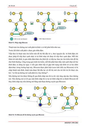 306                                                                                           Chuyên đề




                                   Shrink                                     Shrink



                                                                                Blossom



                               Blossom



        = đỉnh cơ sở của blossom            = đỉnh chập từ blossom


Hình 91: Phép chập Blossom


Thuật toán tìm đường mở xuất phát từ đỉnh x có thể phát biểu như sau.
Trước hết đỉnh xuất phát x được gán nhãn đậm.
Tiếp theo là thuật toán tìm kiếm trên đồ thị bắt đầu từ x, theo nguyên tắc: từ đỉnh đậm chỉ
được phép đi tiếp theo cạnh nhạt và từ đỉnh nhạt chỉ được đi tiếp theo cạnh đậm. Mỗi khi
thăm tới một đỉnh, ta gán nhãn đậm/nhạt cho đỉnh đó và tiếp tục thao tác tìm kiếm trên đồ thị
như bình thường. Cũng trong quá trình tìm kiếm, mỗi khi phát hiện thấy một cạnh nhạt nối hai
đỉnh đậm, ta dừng lại ngay vì nếu gán nhãn tiếp sẽ gặp tình trạng một đỉnh có cả hai nhãn
đậm/nhạt, trong trường hợp này, Blossom được phát hiện (xem tính chất của Blossom) và bị
chập thành một đỉnh, thuật toán được bắt đầu lại với đồ thị mới cho tới khi trả lời được câu
hỏi: "có tồn tại đường mở xuất phát từ x hay không?".
Nếu đường mở tìm được không đi qua đỉnh chập nào thì ta chỉ việc tăng cặp dọc theo đường
mở. Nếu đường mở có đi qua một đỉnh chập thì ta lại nở đỉnh chập đó ra thành Blossom để
thay đỉnh chập này trên đường mở bằng một đoạn đường xuyên qua Blossom:




                              Expand                                 Expand




Hình 92: Nở Blossom để dò đường xuyên qua Blossom




                                                                                          ĐHSPHN 1999-2004
 