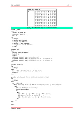 Bài toán liệt kê                                                                                    21


                               QUEENS.INP   QUEENS.OUT
                               5            (1, 1); (2,   3);   (3,   5);   (4,   2);   (5,   4);
                                            (1, 1); (2,   4);   (3,   2);   (4,   5);   (5,   3);
                                            (1, 2); (2,   4);   (3,   1);   (4,   3);   (5,   5);
                                            (1, 2); (2,   5);   (3,   3);   (4,   1);   (5,   4);
                                            (1, 3); (2,   1);   (3,   4);   (4,   2);   (5,   5);
                                            (1, 3); (2,   5);   (3,   2);   (4,   4);   (5,   1);
                                            (1, 4); (2,   1);   (3,   3);   (4,   5);   (5,   2);
                                            (1, 4); (2,   2);   (3,   5);   (4,   3);   (5,   1);
                                            (1, 5); (2,   2);   (3,   4);   (4,   1);   (5,   3);
                                            (1, 5); (2,   3);   (3,   1);   (4,   4);   (5,   2);
                             P_1_03_5.PAS * Thuật toán quay lui giải bài toán xếp hậu
program n_Queens;
const
  InputFile = 'QUEENS.INP';
  OutputFile = 'QUEENS.OUT';
  max = 12;
var
  n: Integer;
  x: array[1..max] of Integer;
  a: array[1..max] of Boolean;
  b: array[2..2 * max] of Boolean;
  c: array[1 - max..max - 1] of Boolean;
  f: Text;

procedure Init;
begin
  Assign(f, InputFile); Reset(f);
  ReadLn(f, n);
  Close(f);
  FillChar(a, SizeOf(a), True); {Mọi cột đều tự do}
  FillChar(b, SizeOf(b), True); {Mọi đường chéo Đông Bắc - Tây Nam đều tự do}
  FillChar(c, SizeOf(c), True); {Mọi đường chéo Đông Nam - Tây Bắc đều tự do}
end;

procedure PrintResult;
var
  i: Integer;
begin
  for i := 1 to n do Write(f, '(', i, ', ', x[i], '); ');
  WriteLn(f);
end;

procedure Try(i: Integer); {Thử các cách đặt quân hậu thứ i vào hàng i}
var
  j: Integer;
begin
  for j := 1 to n do
    if a[j] and b[i + j] and c[i - j] then {Chỉ xét những cột j mà ô (i, j) chưa bị khống chế}
      begin
        x[i] := j; {Thử đặt quân hậu i vào cột j}
        if i = n then PrintResult
        else
          begin
             a[j] := False; b[i + j] := False; c[i - j] := False; {Đánh dấu}
             Try(i + 1); {Tìm các cách đặt quân hậu thứ i + 1}
             a[j] := True; b[i + j] := True; c[i - j] := True; {Bỏ đánh dấu}
           end;
      end;
end;

begin

Lê Minh Hoàng
 