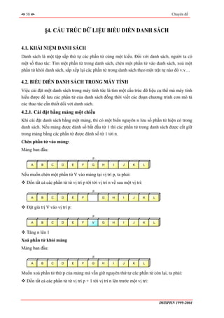 58                                                                                     Chuyên đề



               §4. CẤU TRÚC DỮ LIỆU BIỂU DIỄN DANH SÁCH

4.1. KHÁI NIỆM DANH SÁCH
Danh sách là một tập sắp thứ tự các phần tử cùng một kiểu. Đối với danh sách, người ta có
một số thao tác: Tìm một phần tử trong danh sách, chèn một phần tử vào danh sách, xoá một
phần tử khỏi danh sách, sắp xếp lại các phần tử trong danh sách theo một trật tự nào đó v.v…

4.2. BIỂU DIỄN DANH SÁCH TRONG MÁY TÍNH
Việc cài đặt một danh sách trong máy tính tức là tìm một cấu trúc dữ liệu cụ thể mà máy tính
hiểu được để lưu các phần tử của danh sách đồng thời viết các đoạn chương trình con mô tả
các thao tác cần thiết đối với danh sách.
4.2.1. Cài đặt bằng mảng một chiều
Khi cài đặt danh sách bằng một mảng, thì có một biến nguyên n lưu số phần tử hiện có trong
danh sách. Nếu mảng được đánh số bắt đầu từ 1 thì các phần tử trong danh sách được cất giữ
trong mảng bằng các phần tử được đánh số từ 1 tới n.
Chèn phần tử vào mảng:
Mảng ban đầu:
                                         p

       A   B     C     D        E   F    G     H      I     J     K        L


Nếu muốn chèn một phần tử V vào mảng tại vị trí p, ta phải:
  Dồn tất cả các phần tử từ vị trí p tới tới vị trí n về sau một vị trí:
                                         p

       A   B     C     D        E   F          G     H      I     J        K   L


  Đặt giá trị V vào vị trí p:
                                         p

       A   B     C     D        E   F    V     G     H      I     J        K   L


  Tăng n lên 1
Xoá phần tử khỏi mảng
Mảng ban đầu:
                                         p

       A   B     C     D        E   F    G     H      I     J     K        L


Muốn xoá phần tử thứ p của mảng mà vẫn giữ nguyên thứ tự các phần tử còn lại, ta phải:
  Dồn tất cả các phần tử từ vị trí p + 1 tới vị trí n lên trước một vị trí:



                                                                                   ĐHSPHN 1999-2004
 