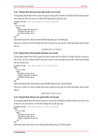 Cấu trúc dữ liệu và giải thuật                                                           75


6.4.1. Duyệt theo thứ tự trước (preorder traversal)
Trong phép duyệt theo thứ tự trước thì giá trị trong mỗi nút bất kỳ sẽ được liệt kê trước giá trị
lưu trong hai nút con của nó, có thể mô tả bằng thủ tục đệ quy sau:
procedure Visit(N); {Duyệt nhánh cây nhận N là nút gốc của nhánh đó}
begin
  if N ≠ nil then
     begin
       <Output trường Info của nút N>
       Visit(Nút con trái của N);
       Visit(Nút con phải của N);
     end;
end;
Quá trình duyệt theo thứ tự trước bắt đầu bằng lời gọi Visit(nút gốc).
Như cây ở Hình 24, nếu ta duyệt theo thứ tự trước thì các giá trị sẽ lần lượt được liệt kê theo
thứ tự:
                                         ABDHIEJCFKGL
6.4.2. Duyệt theo thứ tự giữa (inorder traversal)
Trong phép duyệt theo thứ tự giữa thì giá trị trong mỗi nút bất kỳ sẽ được liệt kê sau giá trị
lưu ở nút con trái và được liệt kê trước giá trị lưu ở nút con phải của nút đó, có thể mô tả bằng
thủ tục đệ quy sau:
procedure Visit(N); {Duyệt nhánh cây nhận N là nút gốc của nhánh đó}
begin
  if N ≠ nil then
     begin
       Visit(Nút con trái của N);
       <Output trường Info của nút N>
       Visit(Nút con phải của N);
     end;
end;
Quá trình duyệt theo thứ tự giữa cũng bắt đầu bằng lời gọi Visit(nút gốc).
Như cây ở Hình 24, nếu ta duyệt theo thứ tự giữa thì các giá trị sẽ lần lượt được liệt kê theo
thứ tự:
                                         HDIBEJAKFCGL
6.4.3. Duyệt theo thứ tự sau (postorder traversal)
Trong phép duyệt theo thứ tự sau thì giá trị trong mỗi nút bất kỳ sẽ được liệt kê sau giá trị lưu
ở hai nút con của nút đó, có thể mô tả bằng thủ tục đệ quy sau:
procedure Visit(N); {Duyệt nhánh cây nhận N là nút gốc của nhánh đó}
begin
  if N ≠ nil then
     begin
       Visit(Nút con trái của N);
       Visit(Nút con phải của N);
       <Output trường Info của nút N>
     end;
end;
Quá trình duyệt theo thứ tự sau cũng bắt đầu bằng lời gọi Visit(nút gốc).


Lê Minh Hoàng
 