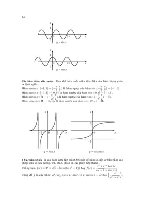 24
E
x
T
y
y = sin x
0 2π
r1
r
−1
E
x
T
y
y = cos x
0 2π
r1
r
−1
Caùc haøm löôïng giaùc ngöôïc: Haïn cheá treân moät mieàn ñôn ñieäu cuûa haøm löôïng giaùc,
ta ñònh nghóa:
Haøm arcsin x : [−1, 1] → [−
π
2
,
π
2
], laø haøm ngöôïc cuûa haøm sin : [−
π
2
,
π
2
] → [−1, 1].
Haøm arccos x : [−1, 1] → [0, π], laø haøm ngöôïc cuûa haøm cos : [0, π] → [−1, 1].
Haøm arctan x : R → (−
π
2
,
π
2
), laø haøm ngöôïc cuûa haøm tan : (−
π
2
,
π
2
) → R.
Haøm arccotx : R → (0, π), laø haøm ngöôïc cuûa haøm cot : (0, π) → R.
E
x
Ty
y = tan x
0 π
2−π
2
E
x
Ty
y = arctan x
0
π
2
−π
2
• Caùc haøm sô caáp laø caùc haøm ñöôïc laäp thaønh bôûi moät soá haøm sô caáp cô baûn baèng caùc
pheùp toaùn soá hoïc (coäng, tröø, nhaân, chia) vaø caùc pheùp hôïp thaønh.
Chaúng haïn, f(x) = 2x + 3
√
x − ln(ln(ln(x2 + 1))) hay f(x) =
x2 + e−x tan 5x
√
x − 1 + sin(πx)
Cuõng ñeå yù laø caùc haøm: ax, loga x, cos x, tan x, cot x, arcsin x = arctan
x
√
1 − x2
,
 