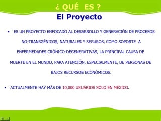 ¿ QUÉ ES ?
                            El Proyecto
    •    ES UN PROYECTO ENFOCADO AL DESARROLLO Y GENERACIÓN DE PROCESOS

             NO-TRANSGÉNICOS, NATURALES Y SEGUROS, COMO SOPORTE A

           ENFERMEDADES CRÓNICO-DEGENERATIVAS, LA PRINCIPAL CAUSA DE

        MUERTE EN EL MUNDO, PARA ATENCIÓN, ESPECIALMENTE, DE PERSONAS DE

                          BAJOS RECURSOS ECONÓMICOS.


•       ACTUALMENTE HAY MÁS DE 10,000 USUARIOS SÓLO EN MÉXICO.
 