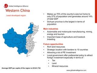 Western China
                                                                                                                      •    Makes up 70% of the country's size but home to
     Least developed region
                                                                                                                           only 27% of population and generates around 14%
                                                                                                                           of total GDP
                                                                                                                      •    Sichuan province is the largest in terms of
                                                                                                                           population
                                                                                                     Heilongjiang


                                                                                                                      Main industries
                                                                                                          Jilin

                                                                                                                      •  Automobile and motorcycle manufacturing, mining,
                                                                                                                         energy and tourism
         Xinjiang                                                                            Liaoning
                                                                          Beijing


                                          Inner Mongolia                              Tianjin

                                                                                                                      •  Important base of agriculture and livestock
                        Gansu
                                                                         Hebei



                                                                                                                         breeding.
                                            Ningxia
                                                                                     Shandong
                                                            Shanxi
                    Qinghai

                                                                  Henan                         Jiangsu
                                                  Shaanxi
                                                                                                           Shanghai



                                                                                                                      Future opportunities
                                                                                    Anhui
                                                                 Hubei
          Tibet                           Chongqing
                                                                                                Zhejiang
                                Sichuan

                                                                Hunan
                                                                              Jiangxi

                                                                                            Fujian
                                                                                                                      •  Rich land resources
                                              Guizhou


                                Yunnan
                                                                         Guangdong
                                                                                                                      •  Strategic location with borders to 10 countries
                                                      Guangxi


                                                                                                                      •  Attracting a lot of PE investment
                                                                          Hainan
                                                                                                                      •  Local government offer preferential policy to attract
                                                                                                                          foreign investment especially in terms of :
                                                                                                                           •  Tax
                                                                                                                           •  Land
                                                                                                                           •  Mineral resources
Average GDP per capita of the region is US &1,734
                                                                                                                                                www.globalintelligence.com
 
