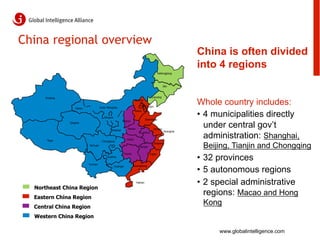 China regional overview
                                                                                                               China is often divided
                                                                                                               into 4 regions
                                                                                               Heilongjiang



                                                                                                   Jilin



      Xinjiang                                                                          Liaoning


                                       Inner Mongolia
                                                                        Beijing

                                                                                  Tianjin
                                                                                                               Whole country includes:
                     Gansu

                                                                                                               •  4 municipalities directly
                                                                        Hebei

                                           Ningxia
                                                                                  Shandong
                                                           Shanxi
                 Qinghai

                                                Shaanxi
                                                                 Henan                   Jiangsu
                                                                                                                  under central gov’t
                                                                                                    Shanghai

                                                                                                                  administration: Shanghai,
                                                                                Anhui


       Tibet                                                    Hubei
                                         Chongqing
                             Sichuan
                                                                            Jiangxi
                                                                                         Zhejiang
                                                                                                                Beijing, Tianjin and Chongqing
                                                               Hunan

                                                                                                               •  32 provinces
                                                                                      Fujian
                                            Guizhou

                             Yunnan
                                                                       Guangdong

                                                                                                               •  5 autonomous regions
                                                     Guangxi




                                                                         Hainan                                •  2 special administrative
  Northeast China Region
  Eastern China Region
                                                                                                                  regions: Macao and Hong
  Central China Region
                                                                                                                Kong
  Western China Region

                                                                                                                     www.globalintelligence.com
 