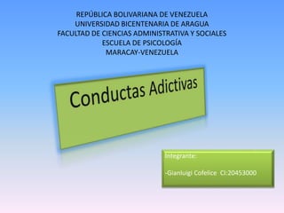 REPÚBLICA BOLIVARIANA DE VENEZUELA
UNIVERSIDAD BICENTENARIA DE ARAGUA
FACULTAD DE CIENCIAS ADMINISTRATIVA Y SOCIALES
ESCUELA DE PSICOLOGÍA
MARACAY-VENEZUELA
Integrante:
-Gianluigi Cofelice CI:20453000
 