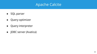 Apache Calcite
● SQL parser
● Query optimizer
● Query interpreter
● JDBC server (Avatica)
33
 