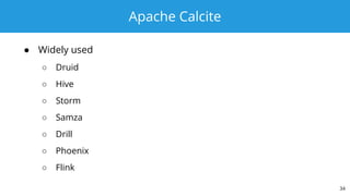 Apache Calcite
● Widely used
○ Druid
○ Hive
○ Storm
○ Samza
○ Drill
○ Phoenix
○ Flink
34
 