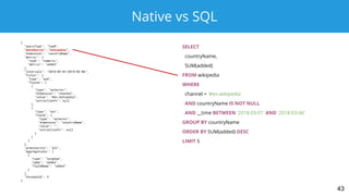 Native vs SQL
{
"queryType": "topN",
"dataSource": “wikipedia”,
"dimension": "countryName",
"metric": {
"type": "numeric",
"metric": "added"
},
"intervals": "2018-03-01/2018-03-06",
"filter": {
"type": "and",
"fields": [
{
"type": "selector",
"dimension": "channel",
"value": "#en.wikipedia",
"extractionFn": null
},
{
"type": "not",
"field": {
"type": "selector",
"dimension": "countryName",
"value": "",
"extractionFn": null
}
}
]
},
"granularity": "all",
"aggregations": [
{
"type": "longSum",
"name": "added",
"fieldName": "added"
}
],
"threshold": 5
}
SELECT
countryName,
SUM(added)
FROM wikipedia
WHERE
channel = '#en.wikipedia'
AND countryName IS NOT NULL
AND __time BETWEEN '2018-03-01' AND '2018-03-06'
GROUP BY countryName
ORDER BY SUM(added) DESC
LIMIT 5
43
 