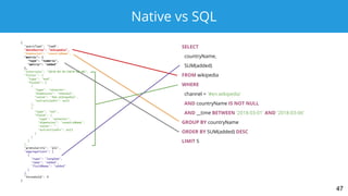 Native vs SQL
{
"queryType": "topN",
"dataSource": “wikipedia”,
"dimension": "countryName",
"metric": {
"type": "numeric",
"metric": "added"
},
"intervals": "2018-03-01/2018-03-06",
"filter": {
"type": "and",
"fields": [
{
"type": "selector",
"dimension": "channel",
"value": "#en.wikipedia",
"extractionFn": null
},
{
"type": "not",
"field": {
"type": "selector",
"dimension": "countryName",
"value": "",
"extractionFn": null
}
}
]
},
"granularity": "all",
"aggregations": [
{
"type": "longSum",
"name": "added",
"fieldName": "added"
}
],
"threshold": 5
}
SELECT
countryName,
SUM(added)
FROM wikipedia
WHERE
channel = '#en.wikipedia'
AND countryName IS NOT NULL
AND __time BETWEEN '2018-03-01' AND '2018-03-06'
GROUP BY countryName
ORDER BY SUM(added) DESC
LIMIT 5
47
 