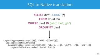 SQL to Native translation
SELECT dim1, COUNT(*)
FROM druid.foo
WHERE dim1 IN ('abc', 'def', 'ghi')
GROUP BY dim1
50
LogicalAggregate(group=[{0}], EXPR$1=[COUNT()])
LogicalProject(dim1=[$2])
LogicalFilter(condition=[OR(=($2, 'abc'), =($2, 'def'), =($2, 'ghi'))])
LogicalTableScan(table=[[druid, foo]])
 