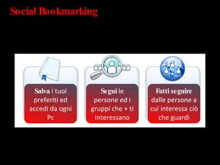 Social Bookmarking  Salva  i tuoi preferiti ed accedi da ogni Pc Segui  le persone ed i gruppi che + ti interessano Fatti seguire  dalle persone a cui interessa ciò che guardi 