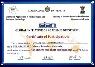 GIAN Mangalore University (Credit Course Nanofibers and their Applications)