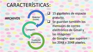 CARACTERÍSTICAS:
Guardar
(nube).
Compartir.
Cualquier
dispositivo.
ARCHIVOS
 15 gigabytes de espacio
gratuito.
 Se guardan también los
mensajes de correo
electrónico de Gmail y
las imágenes
de Google+ que superen
los 2048 x 2048 píxeles.
 