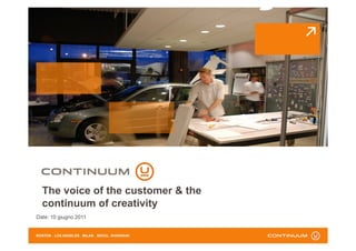 The voice of the customer & the
  continuum of creativity
Date: 10 giugno 2011


BOSTON . LOS ANGELES . MILAN . SEOUL. SHANGHAI
 